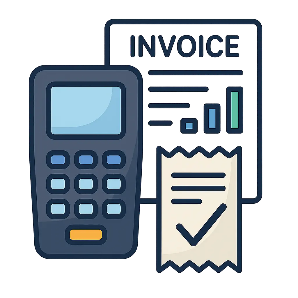 Flat-style icon of a POS terminal, printed receipt, and invoice with charts
